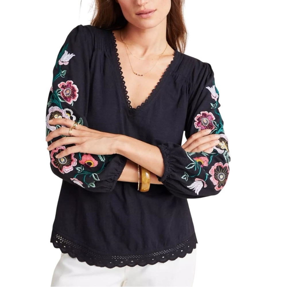 By Anthropologie Helene Embroidered Peasant V-Neck Blouse, Women’s Size Small